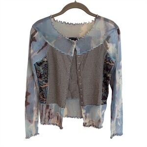 Tricotto Women‎ Blue Mixed Media Mesh Cardigan Paisley Striped Lettuce Trim XS